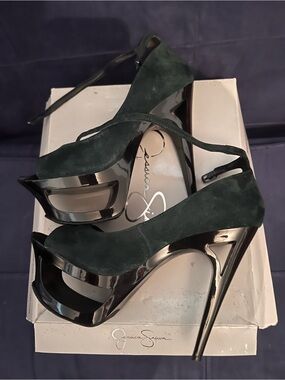 Jessica Simpson Green Suede & Black Patent Platform Stilettos